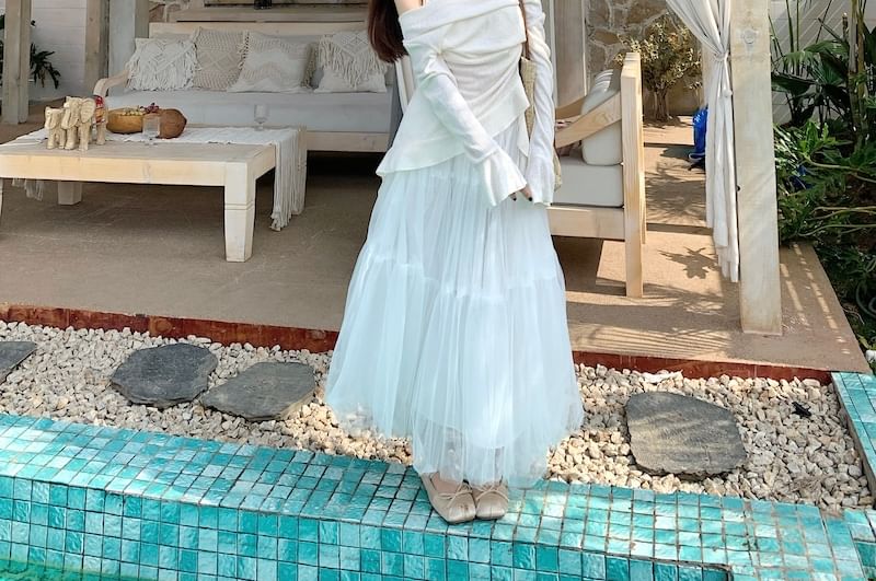 / Skirt High Long-Sleeve Mock Rise Top Two-Piece A-Line Maxi Plain