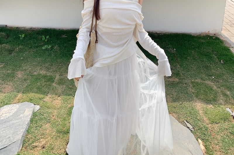 / Skirt High Long-Sleeve Mock Rise Top Two-Piece A-Line Maxi Plain