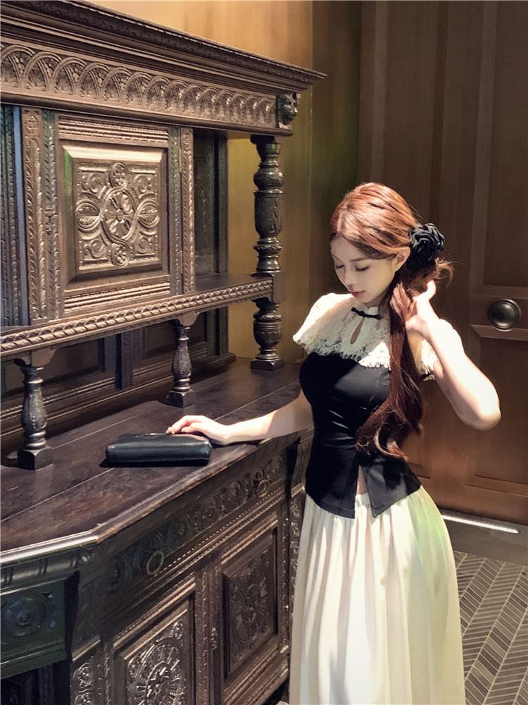 Short-Sleeve Maxi Top Asymmetrical Skirt Tone Two A-Line High / Waist