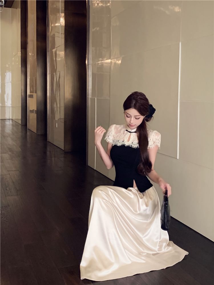 Short-Sleeve Maxi Top Asymmetrical Skirt Tone Two A-Line High / Waist