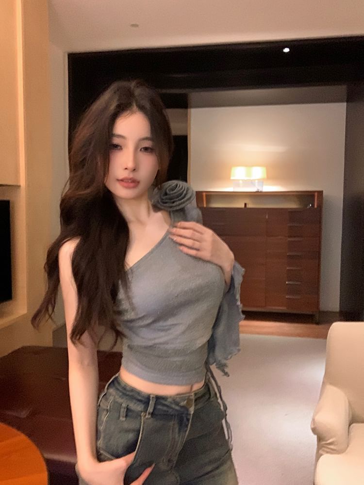 Top Floral Crop One-Sleeve Accent Plain