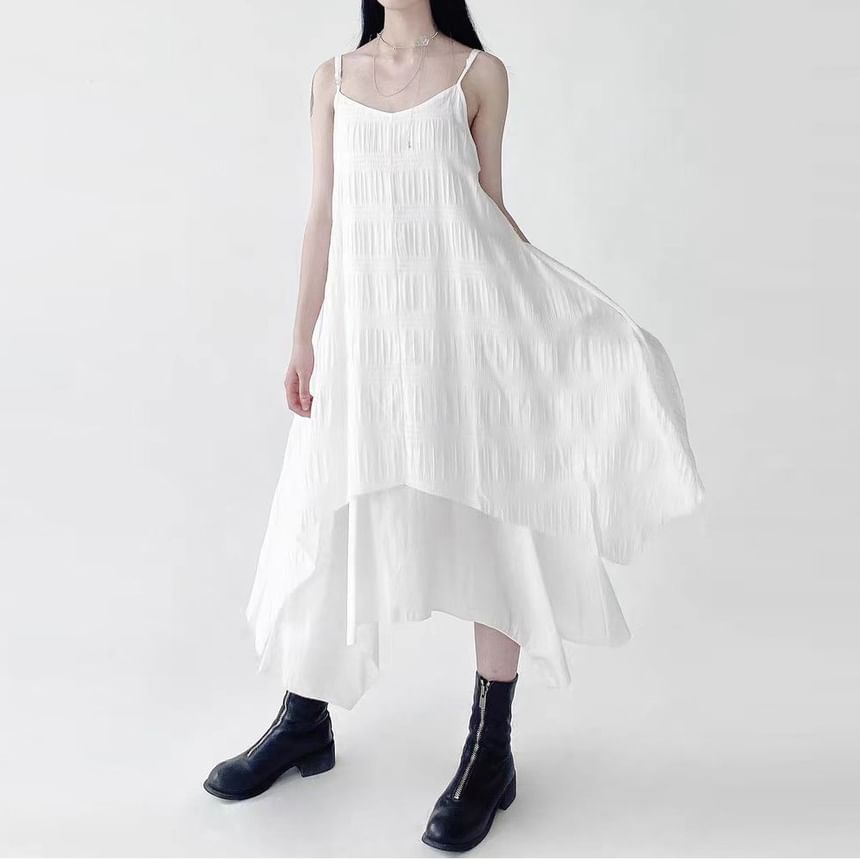 Asymmetrical Midi A-Line Dress with V-Neck and Thin Straps