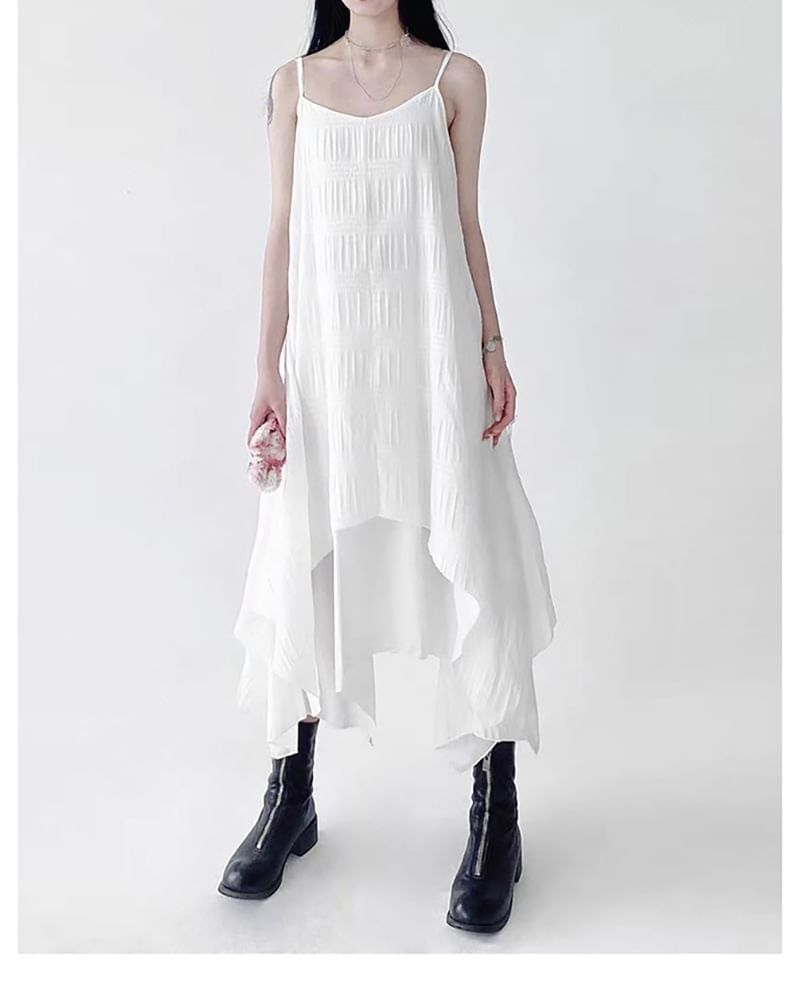 Asymmetrical Midi A-Line Dress with V-Neck and Thin Straps
