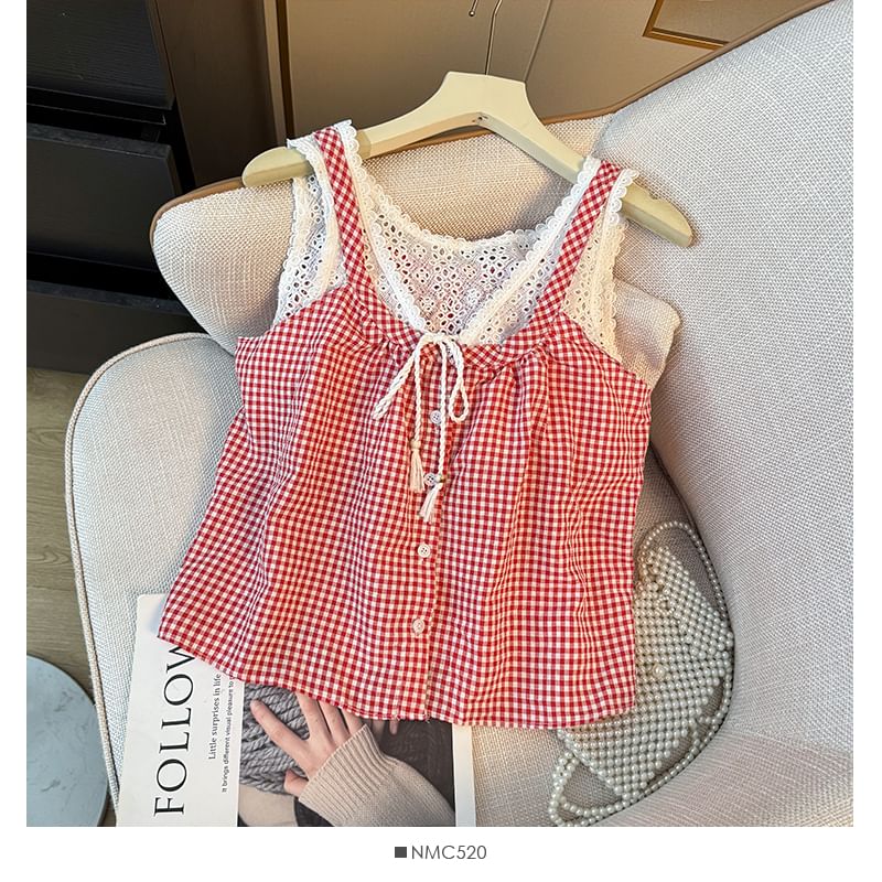 Checker Button-Up Lace Tank - LaceLux