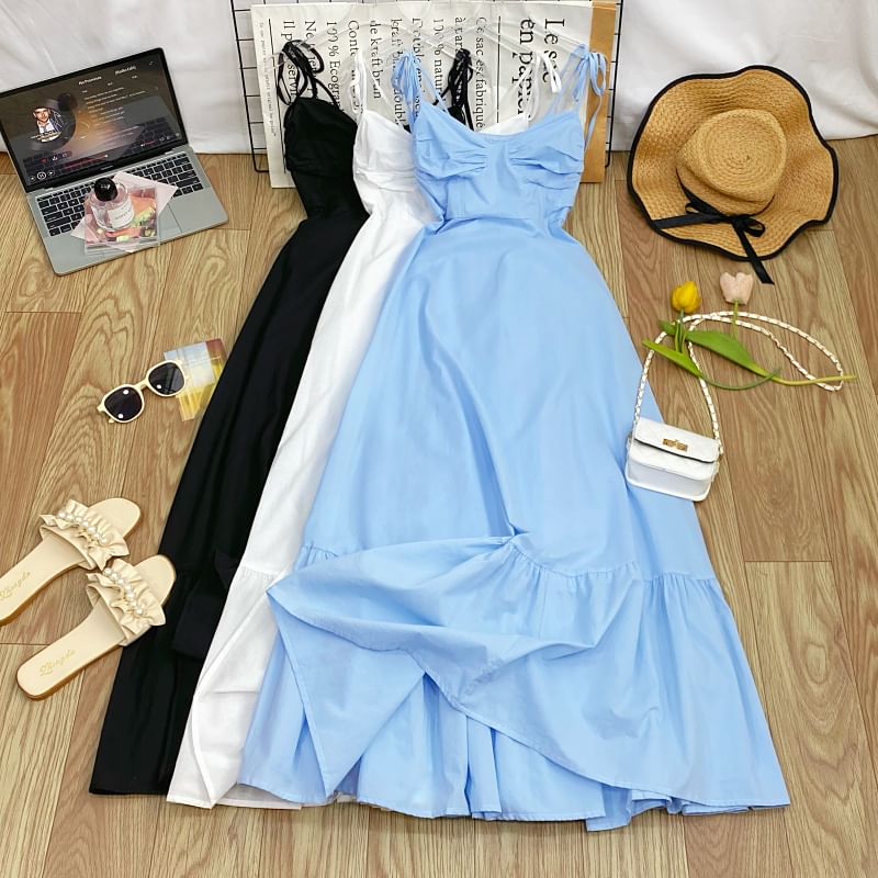 Shirred Midi A-Line Dress with Tie-Shoulder Detail