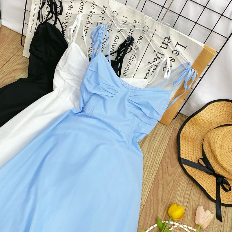 Shirred Midi A-Line Dress with Tie-Shoulder Detail