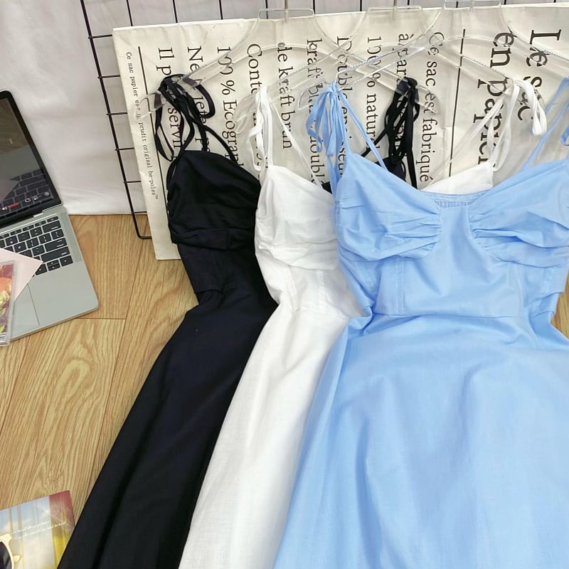 Shirred Midi A-Line Dress with Tie-Shoulder Detail