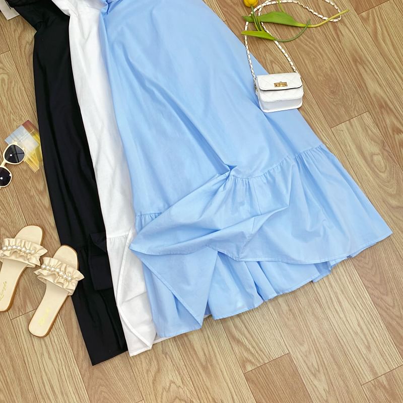 Shirred Midi A-Line Dress with Tie-Shoulder Detail