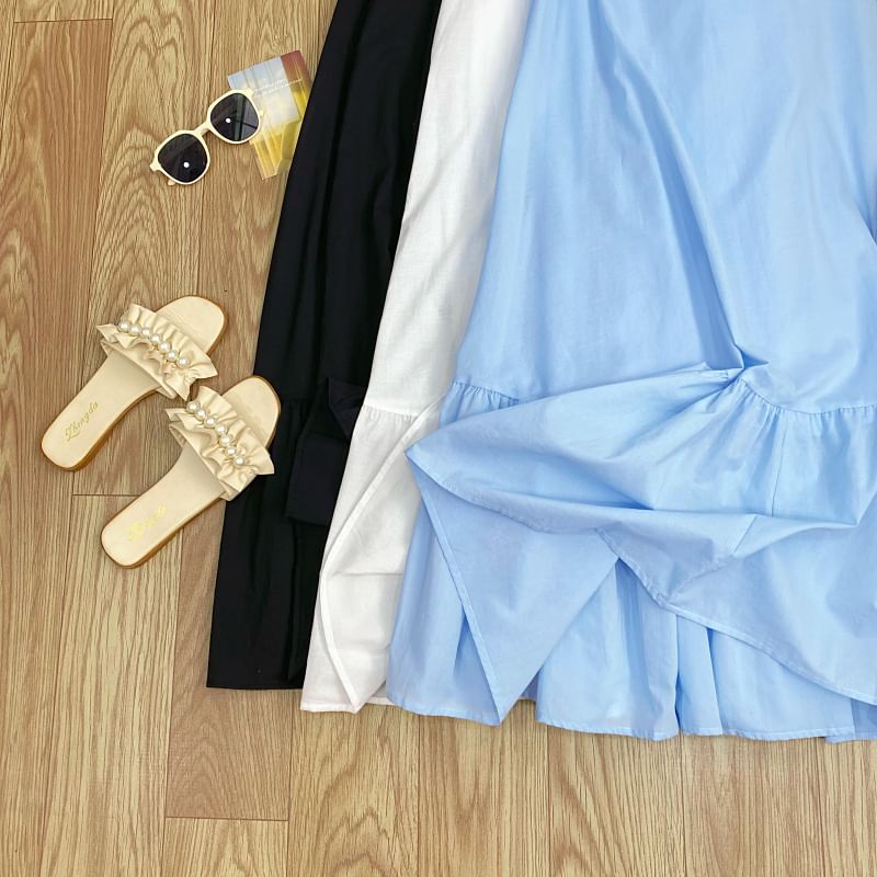 Shirred Midi A-Line Dress with Tie-Shoulder Detail