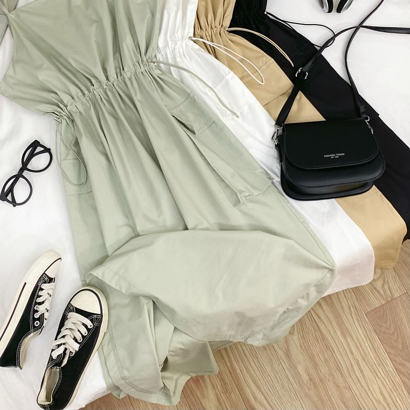 Drawstring Midi A-Line Cargo Dress with Thin Straps