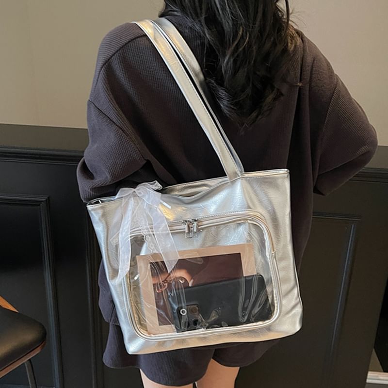 Leather Panel Bag PVC Plain Faux Tote