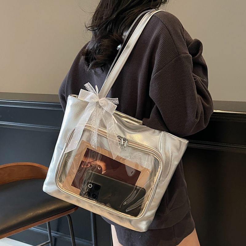 Leather Panel Bag PVC Plain Faux Tote