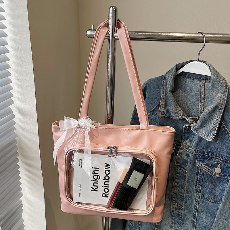 Leather Panel Bag PVC Plain Faux Tote