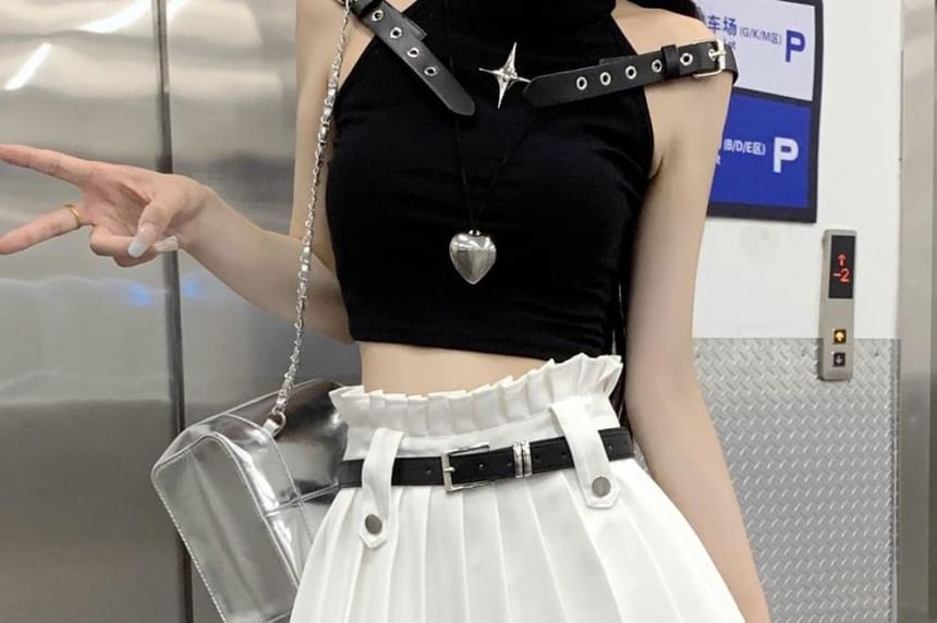 High A-Line Belted Rise Mini Plain Pleated Skirt