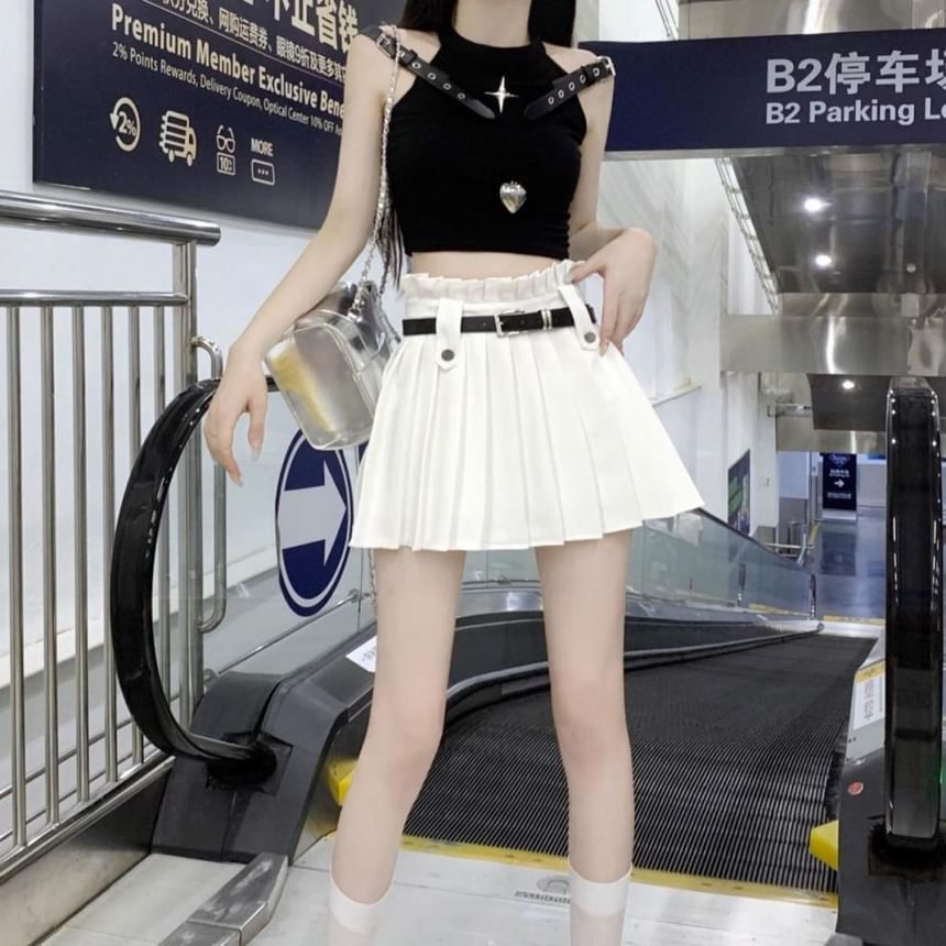 High A-Line Belted Rise Mini Plain Pleated Skirt