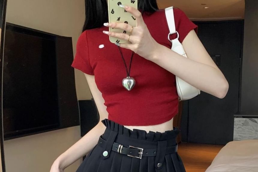 High A-Line Belted Rise Mini Plain Pleated Skirt