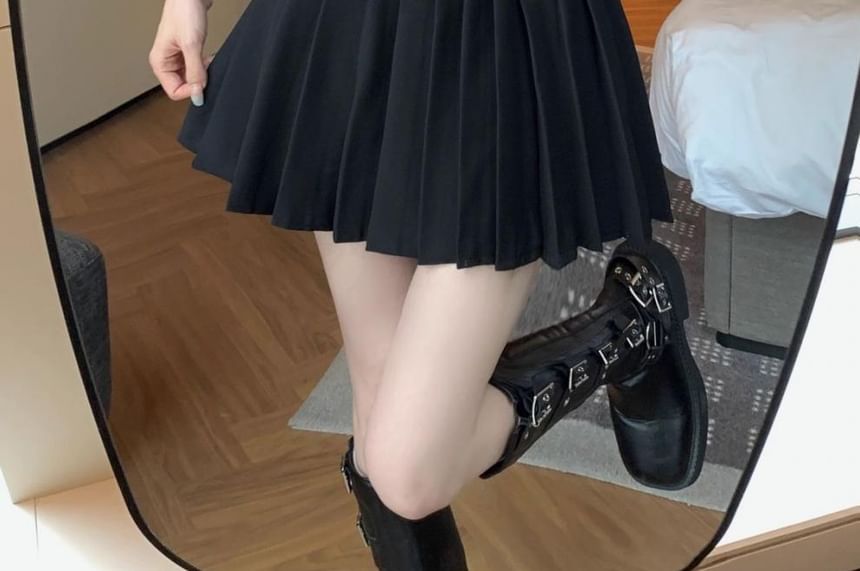 High A-Line Belted Rise Mini Plain Pleated Skirt