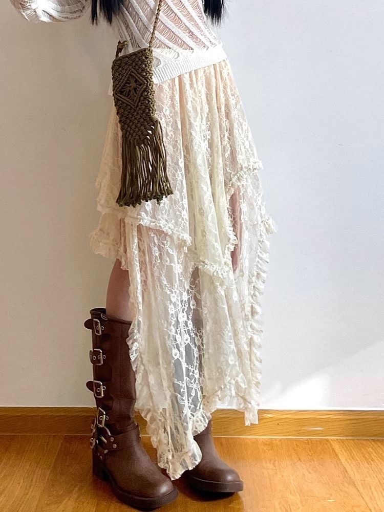 A-Line Lace Rise Midi Plain Skirt High