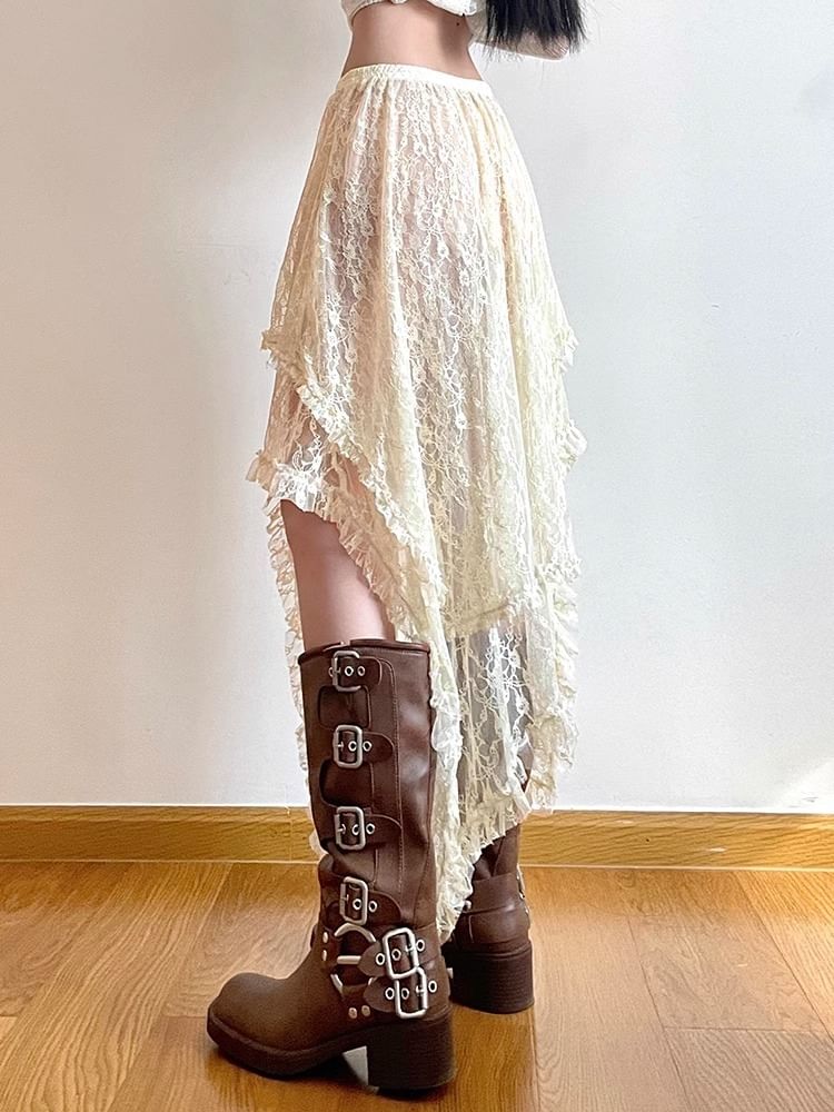 A-Line Lace Rise Midi Plain Skirt High