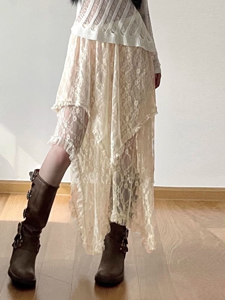 A-Line Lace Rise Midi Plain Skirt High