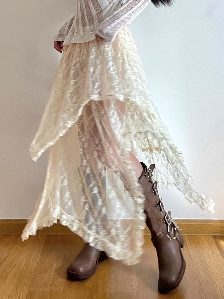 A-Line Lace Rise Midi Plain Skirt High