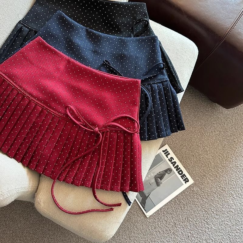 Dotted Skirt Pleated Rise A-Line High Mini