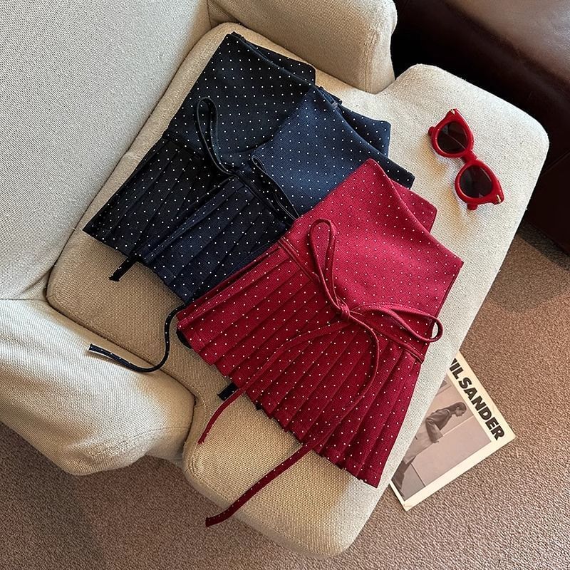 Dotted Skirt Pleated Rise A-Line High Mini