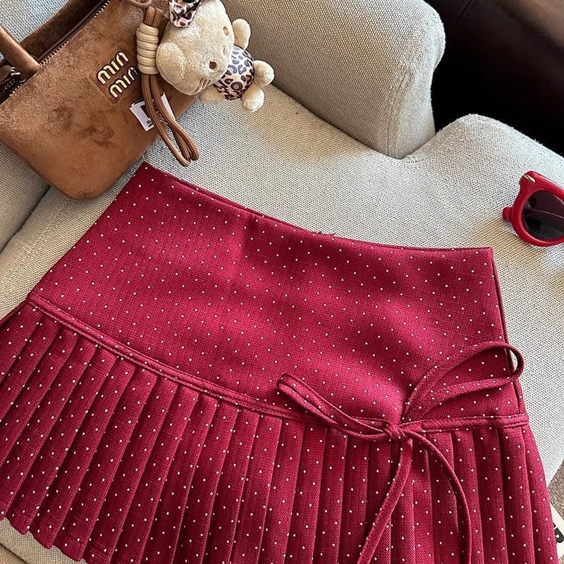 Dotted Skirt Pleated Rise A-Line High Mini