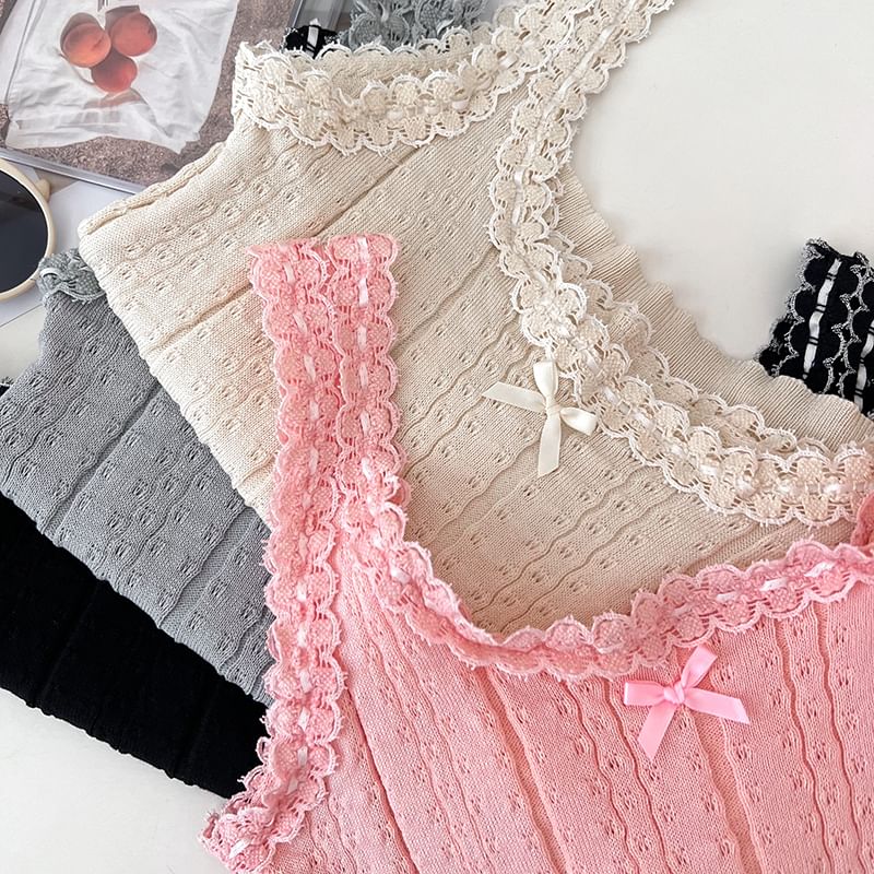 Knit Scoop-Neck Cami with Lace Accent - LaceLux