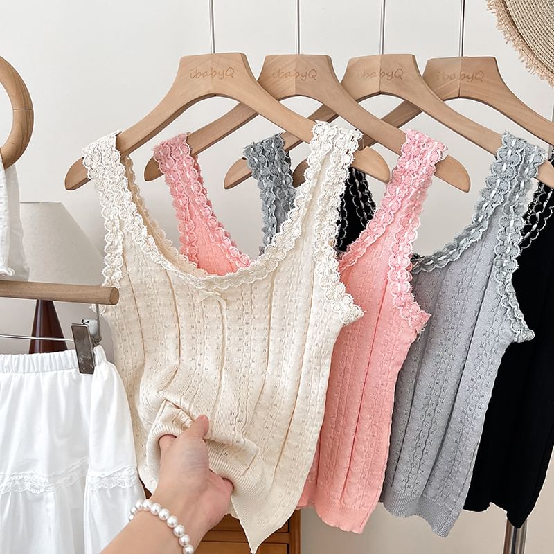 Knit Scoop-Neck Cami with Lace Accent - LaceLux
