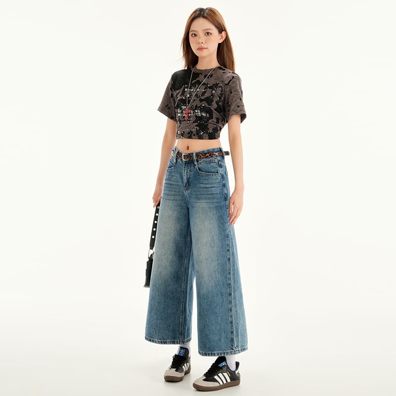 Rise Jeans Washed Wide Leg Mid Cropped