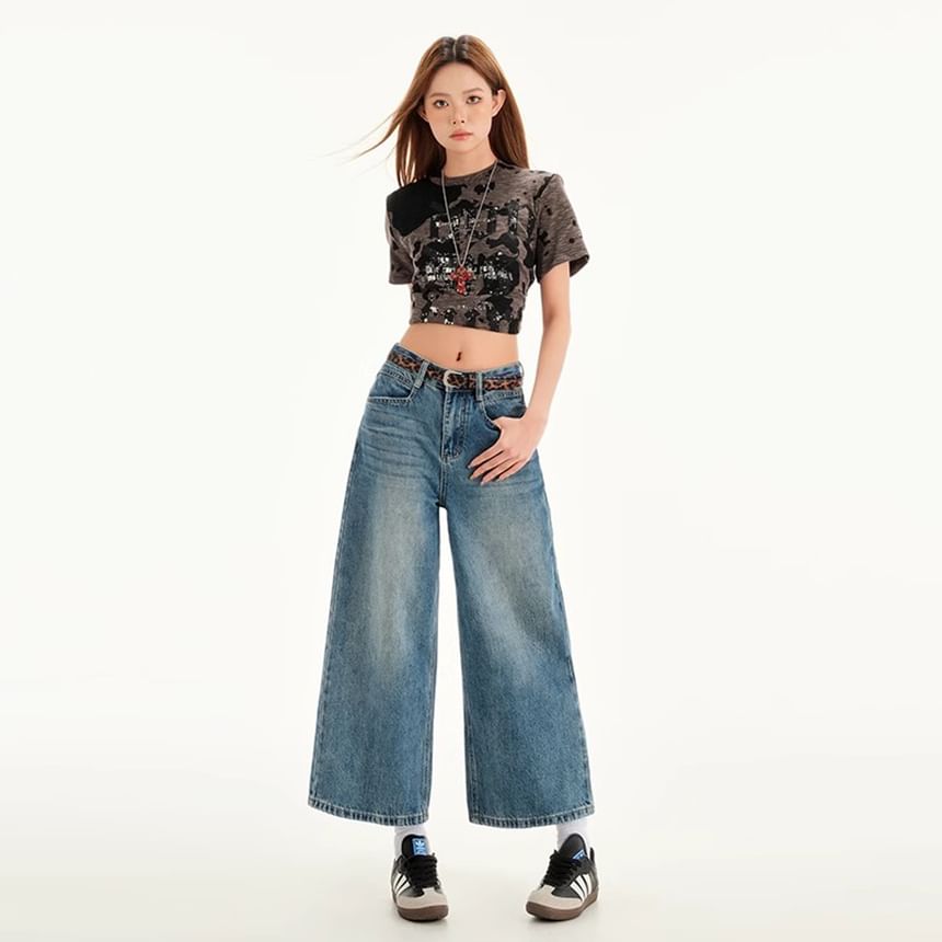 Rise Jeans Washed Wide Leg Mid Cropped