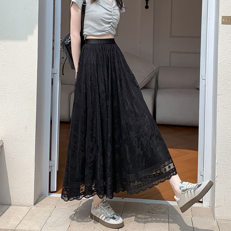 Lace Skirt High Midi Waist A-Line