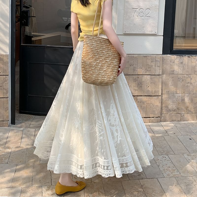 Lace Skirt High Midi Waist A-Line