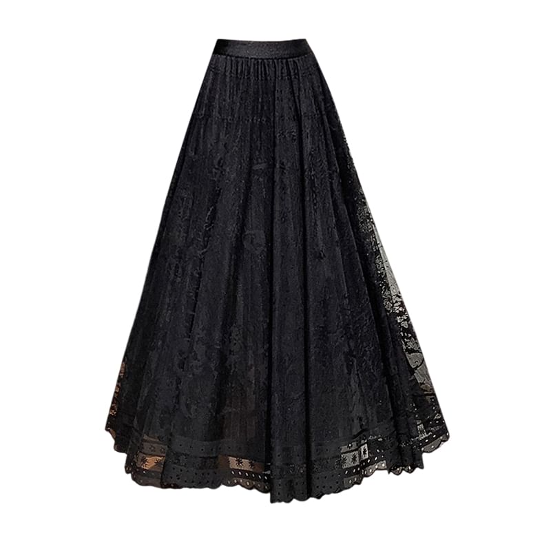 Lace Skirt High Midi Waist A-Line