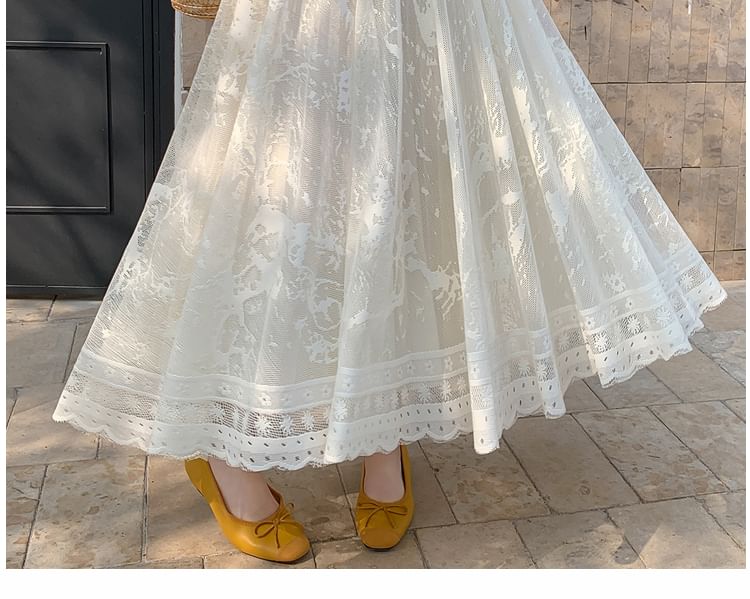 Lace Skirt High Midi Waist A-Line