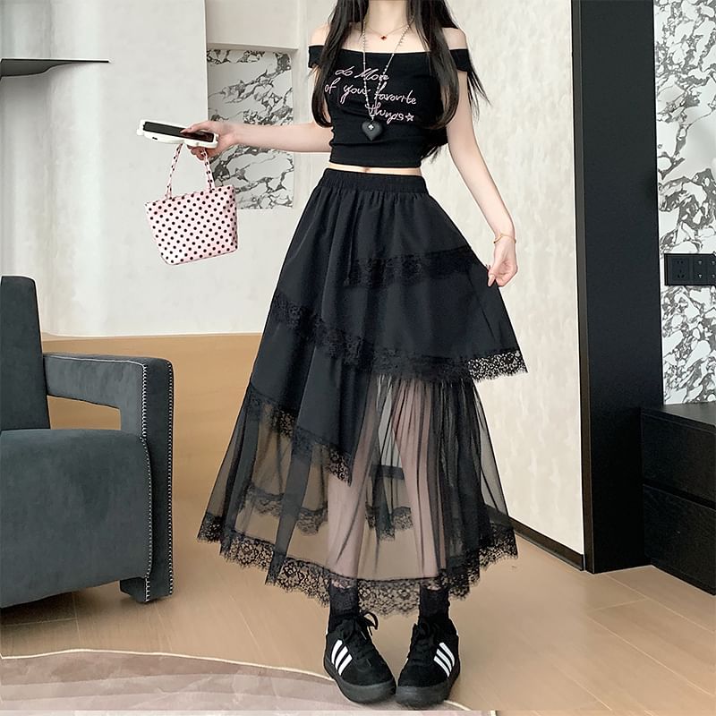 Panel Waist Lace Mesh High A-Line Skirt Asymmetrical Trim Midi