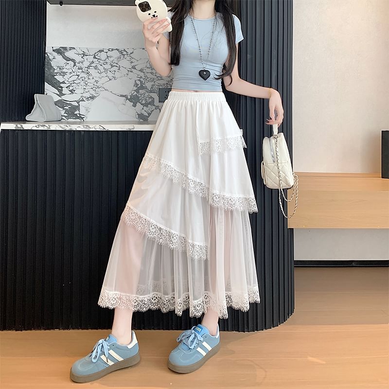 Panel Waist Lace Mesh High A-Line Skirt Asymmetrical Trim Midi