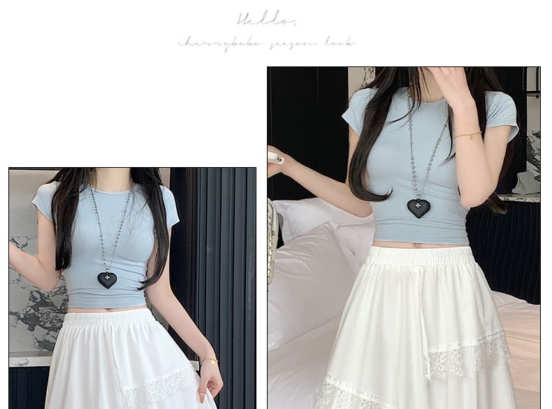 Panel Waist Lace Mesh High A-Line Skirt Asymmetrical Trim Midi