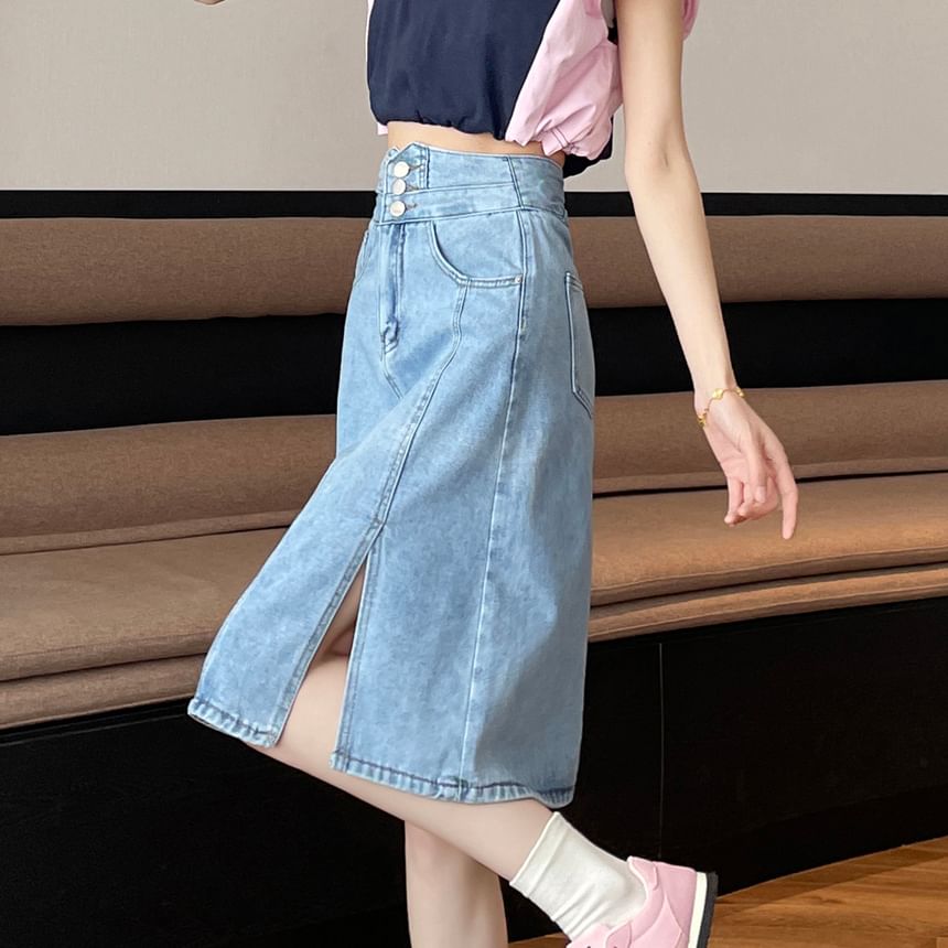 Washed Denim A-Line High Skirt Slit Rise