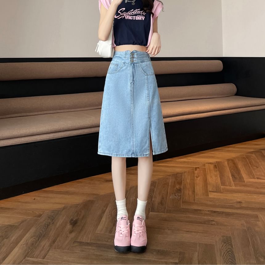 Washed Denim A-Line High Skirt Slit Rise
