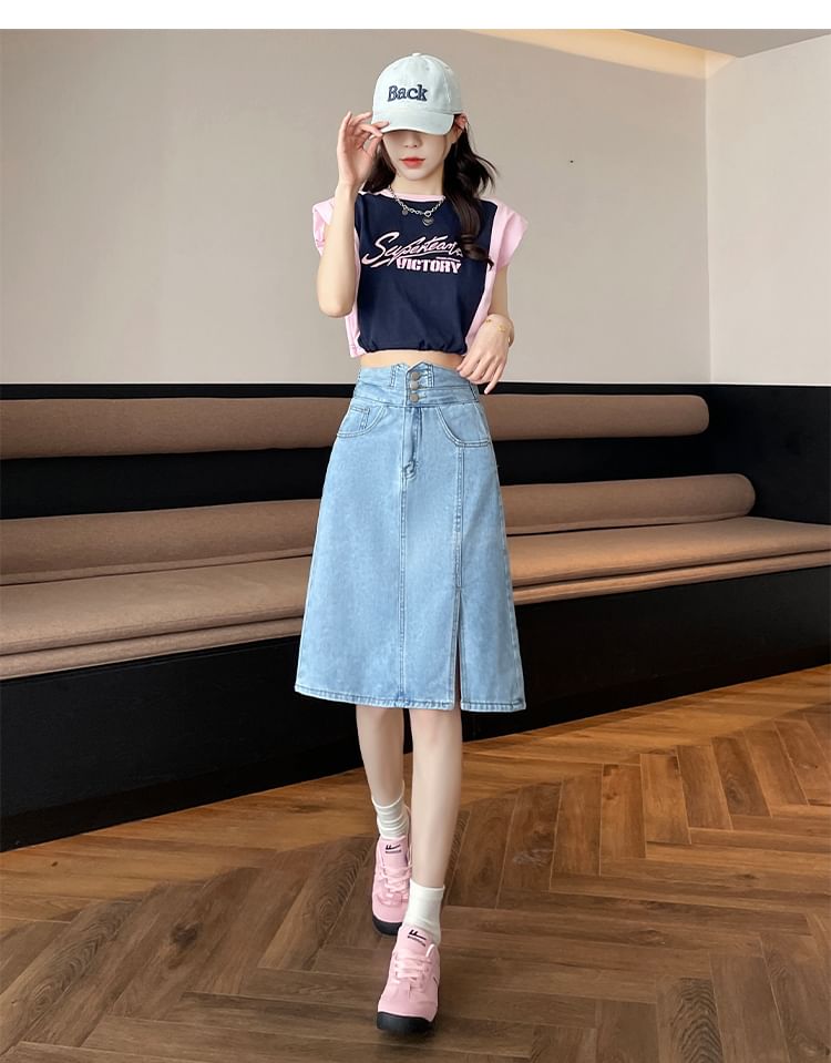 Washed Denim A-Line High Skirt Slit Rise