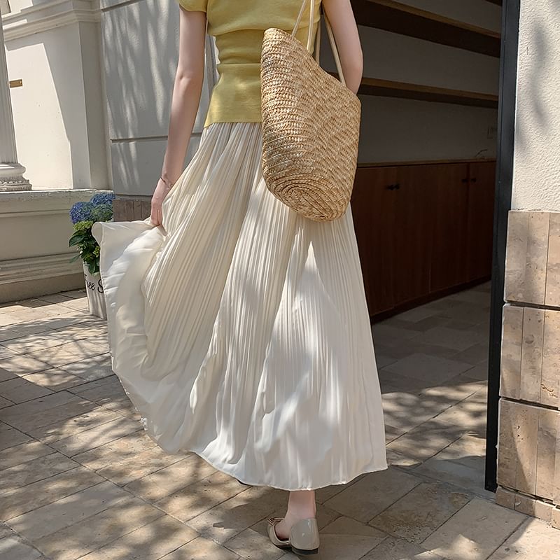 Pleated High Midi A-Line Plain Skirt Rise