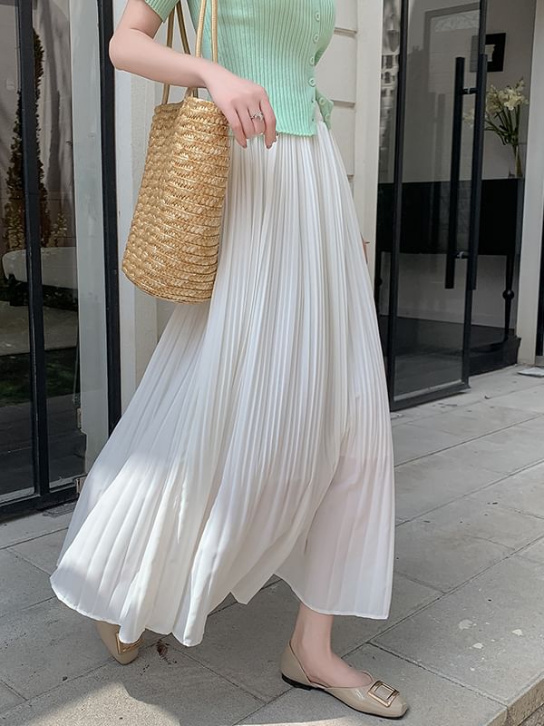 Pleated High Midi A-Line Plain Skirt Rise