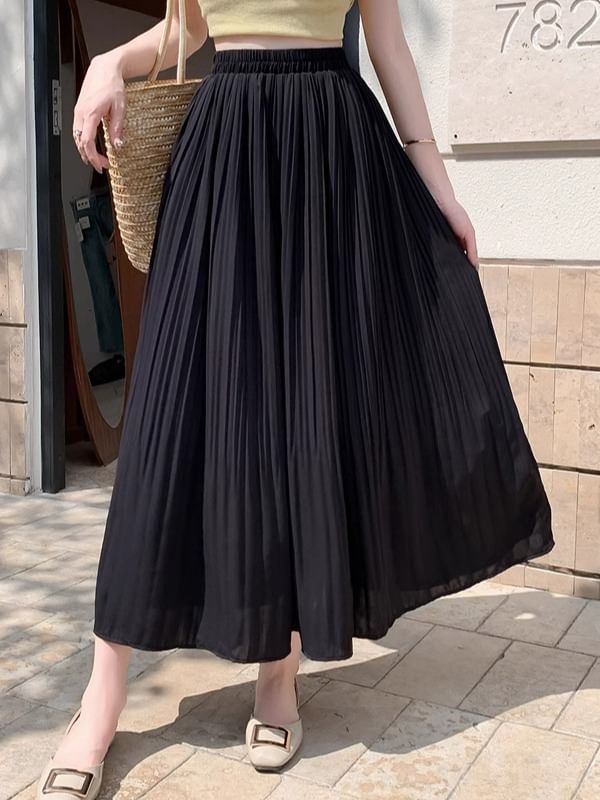 Pleated High Midi A-Line Plain Skirt Rise