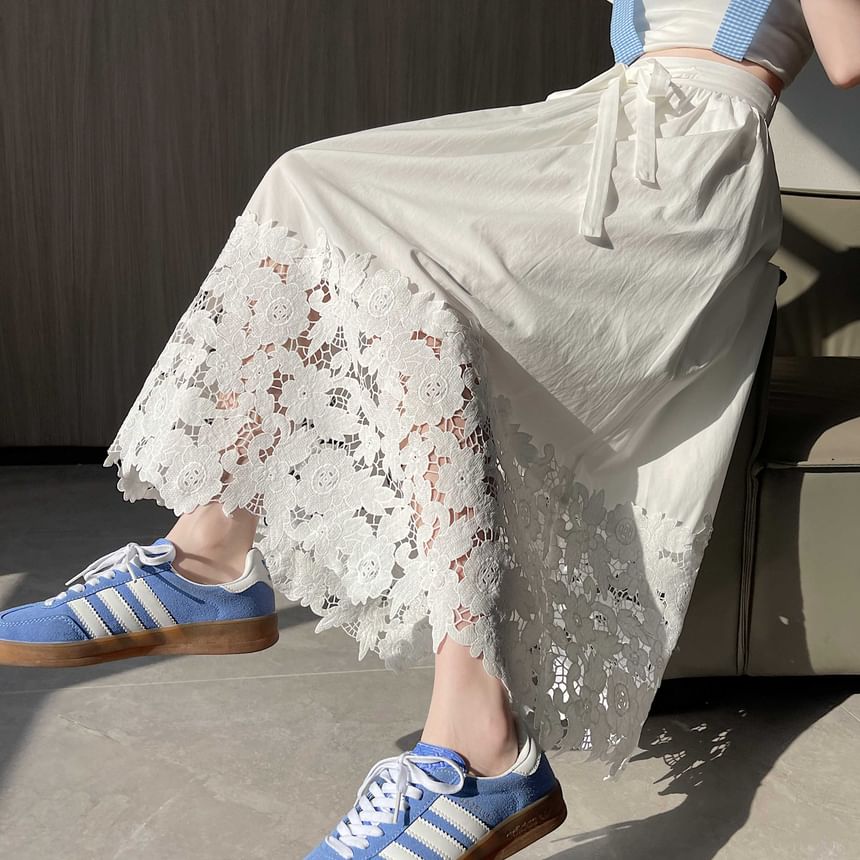 Waist Skirt Panel Midi Lace High Plain A-Line