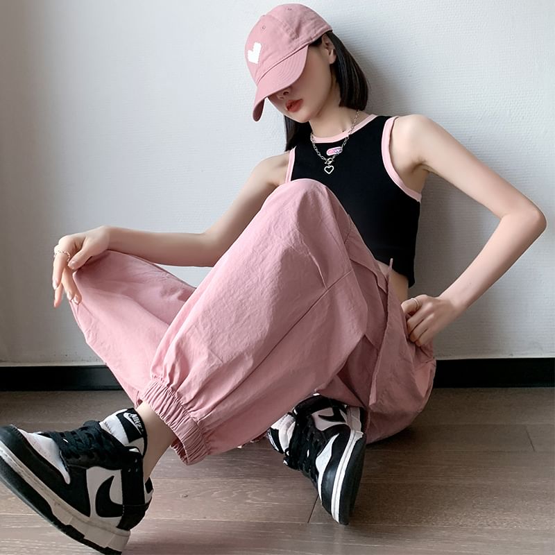 Cargo Harem Cropped Pants Plain Drawstring Waist