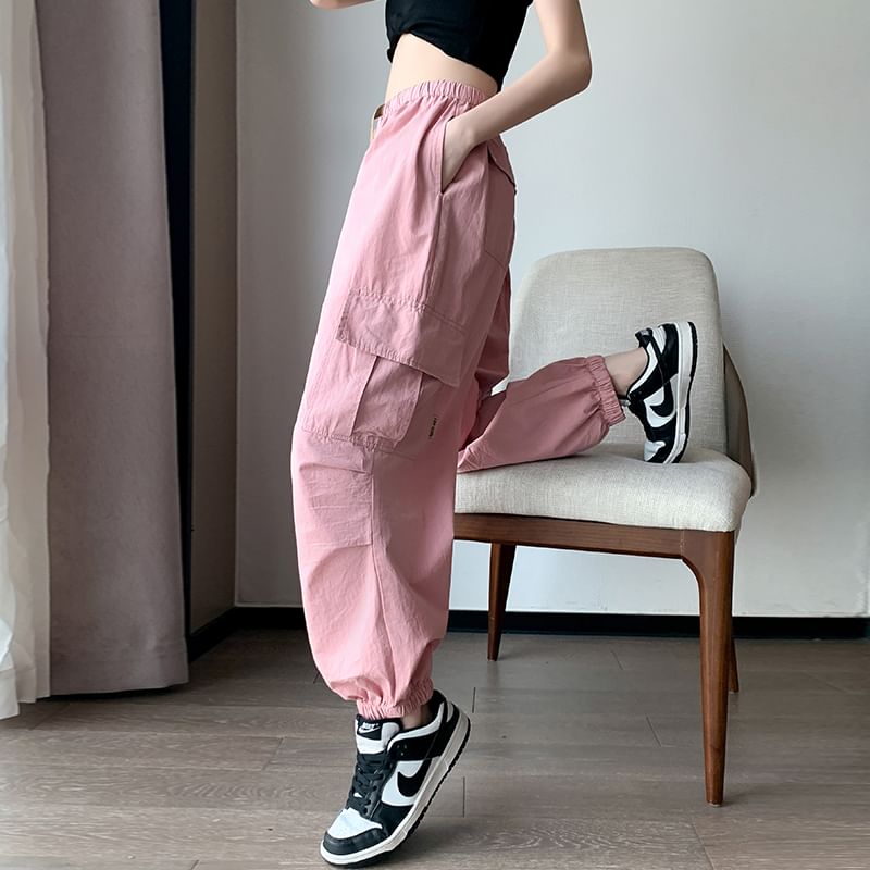 Cargo Harem Cropped Pants Plain Drawstring Waist