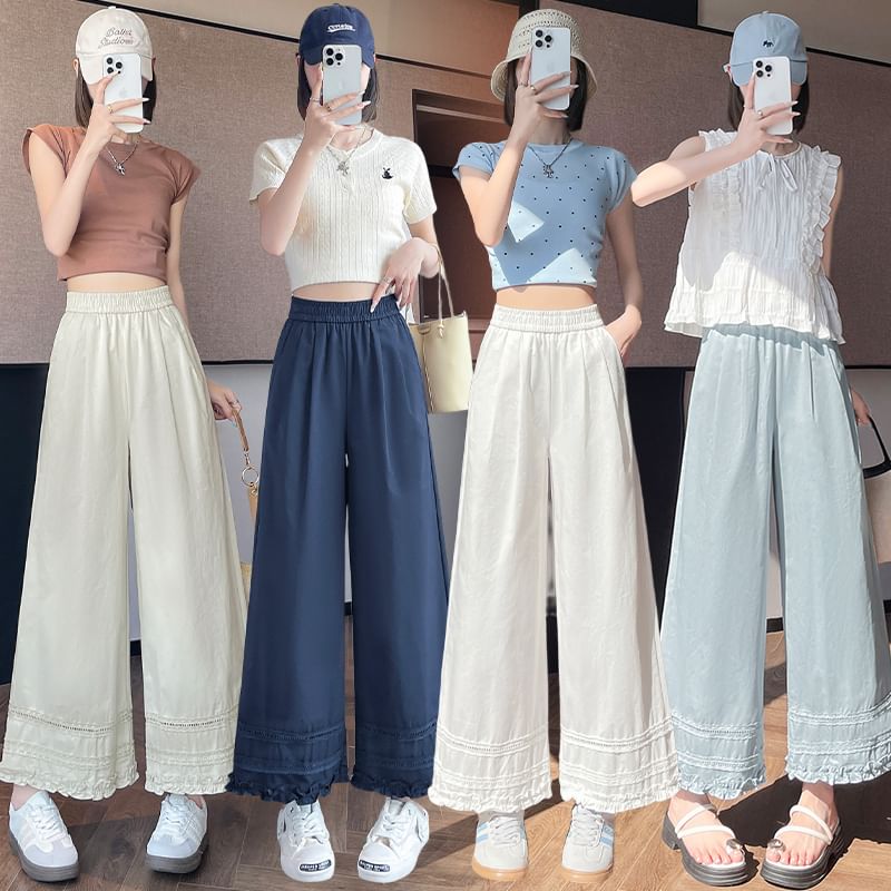 Wide Trim Lace Plain Frill Rise High Pants Cropped Leg Panel