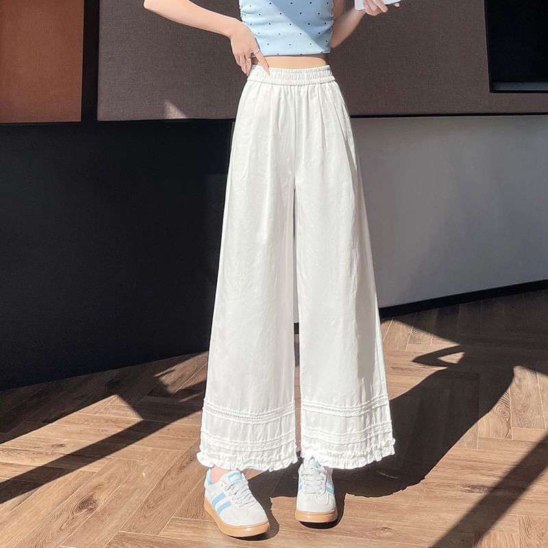 Wide Trim Lace Plain Frill Rise High Pants Cropped Leg Panel